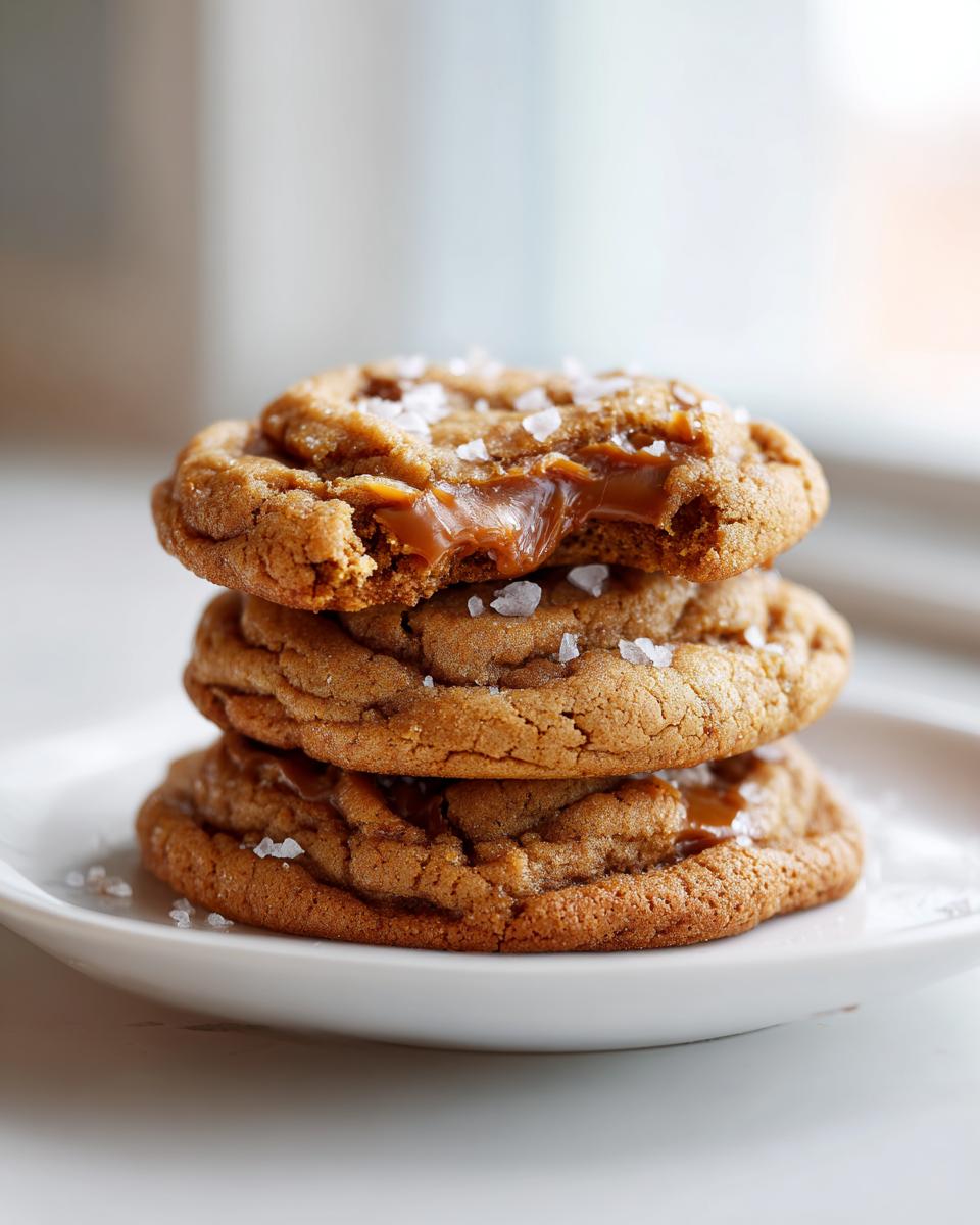 A stack of three chewy sea salt caramel cookies, with the top cookie broken open revealing molten caramel.