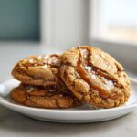 Close-up of three soft sea salt caramel cookies stacked on a white plate, drizzled with gooey caramel and sprinkled with flaky sea salt.