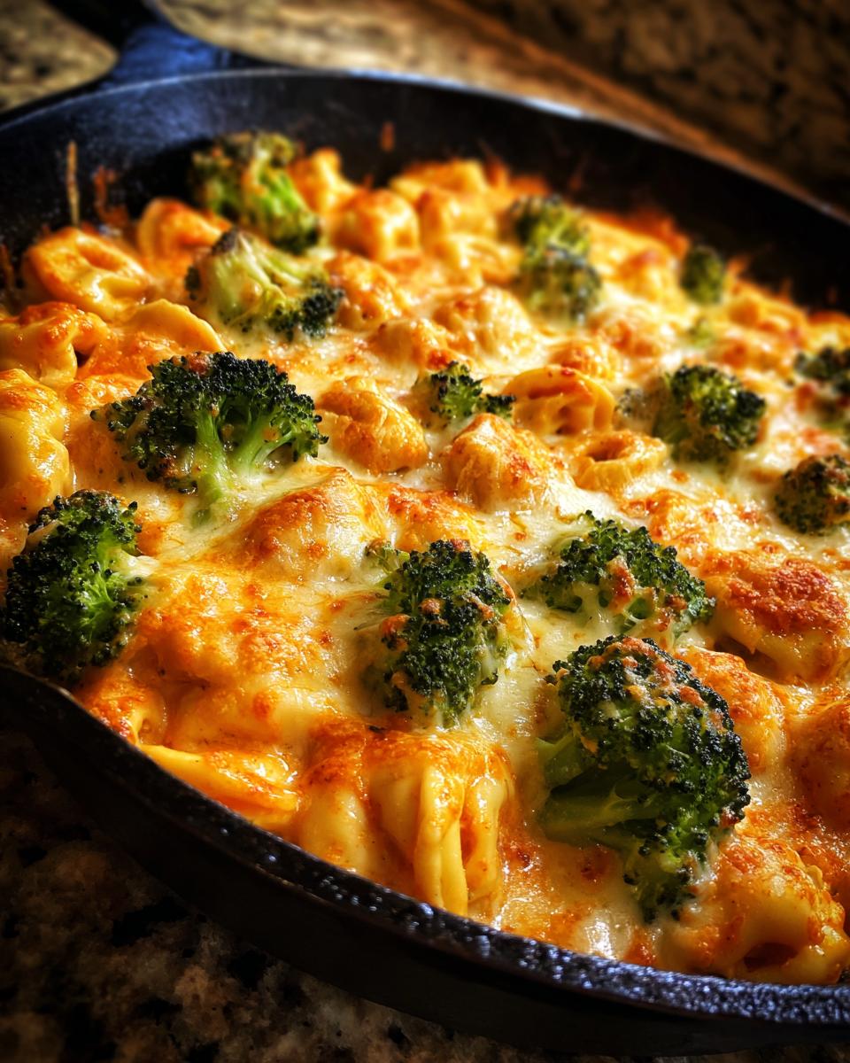 Close-up of a bubbling sheet pan broccoli tortellini bake topped with melted, golden cheese.