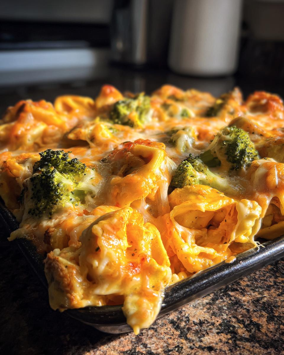 Close-up of a bubbling sheet pan broccoli tortellini bake topped with melted orange and white cheese.