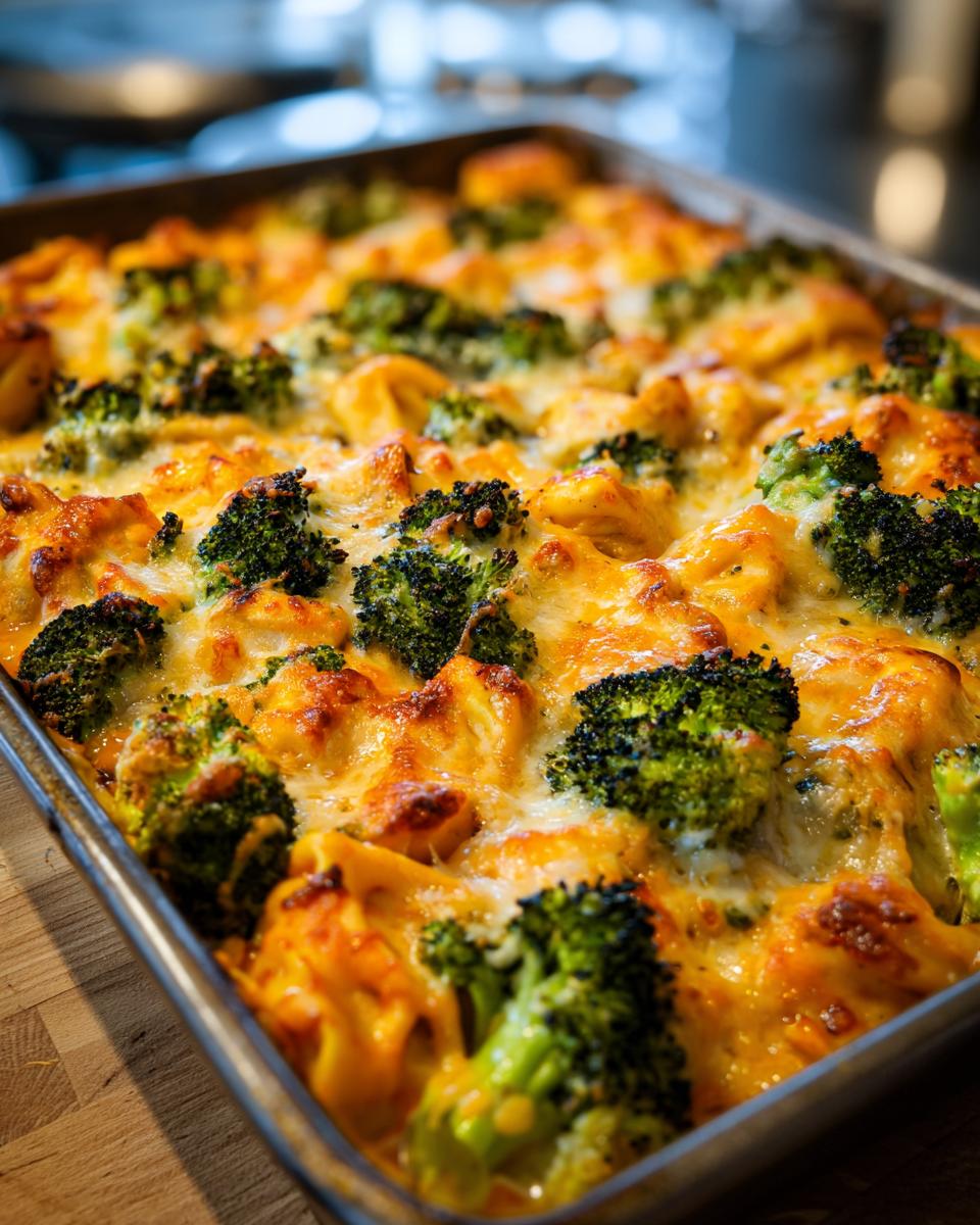 Close-up of a bubbly, cheesy sheet pan broccoli tortellini bake fresh out of the oven.
