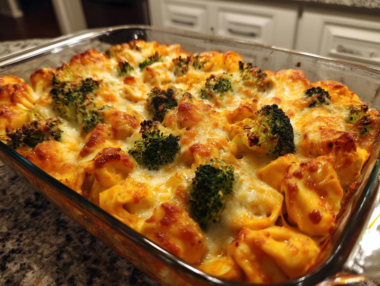 Close-up of a baked sheet pan broccoli tortellini bake with melted, golden-brown cheese topping.