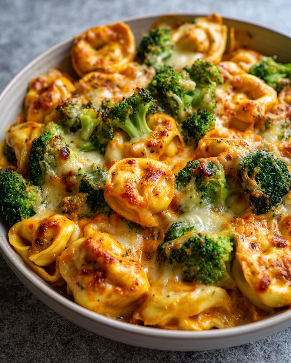 Close-up of a cheesy sheet pan broccoli tortellini bake with golden, melted cheese and bright green broccoli florets.