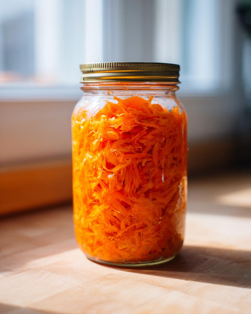 A glass jar filled with bright orange shredded carrots, likely being prepared for Fermented Cabbage.