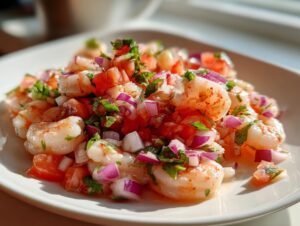 Close-up of vibrant Shrimp Ceviche featuring plump shrimp, diced red onion, tomato, and cilantro on a white dish.
