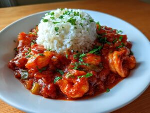 A white bowl featuring a serving of rich, red shrimp creole next to a mound of white rice, garnished with parsley.