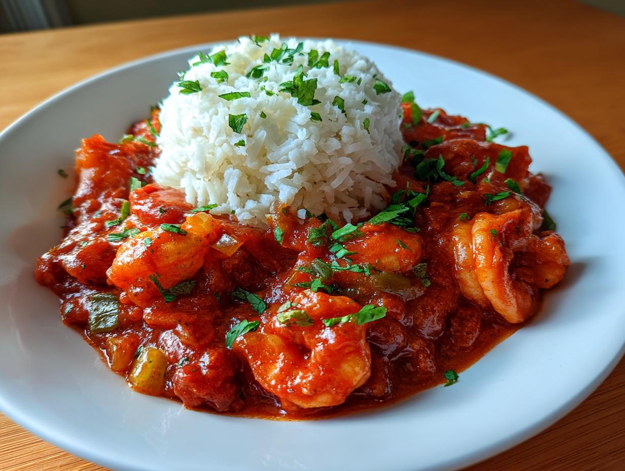 A white bowl featuring a serving of rich, red shrimp creole next to a mound of white rice, garnished with parsley.
