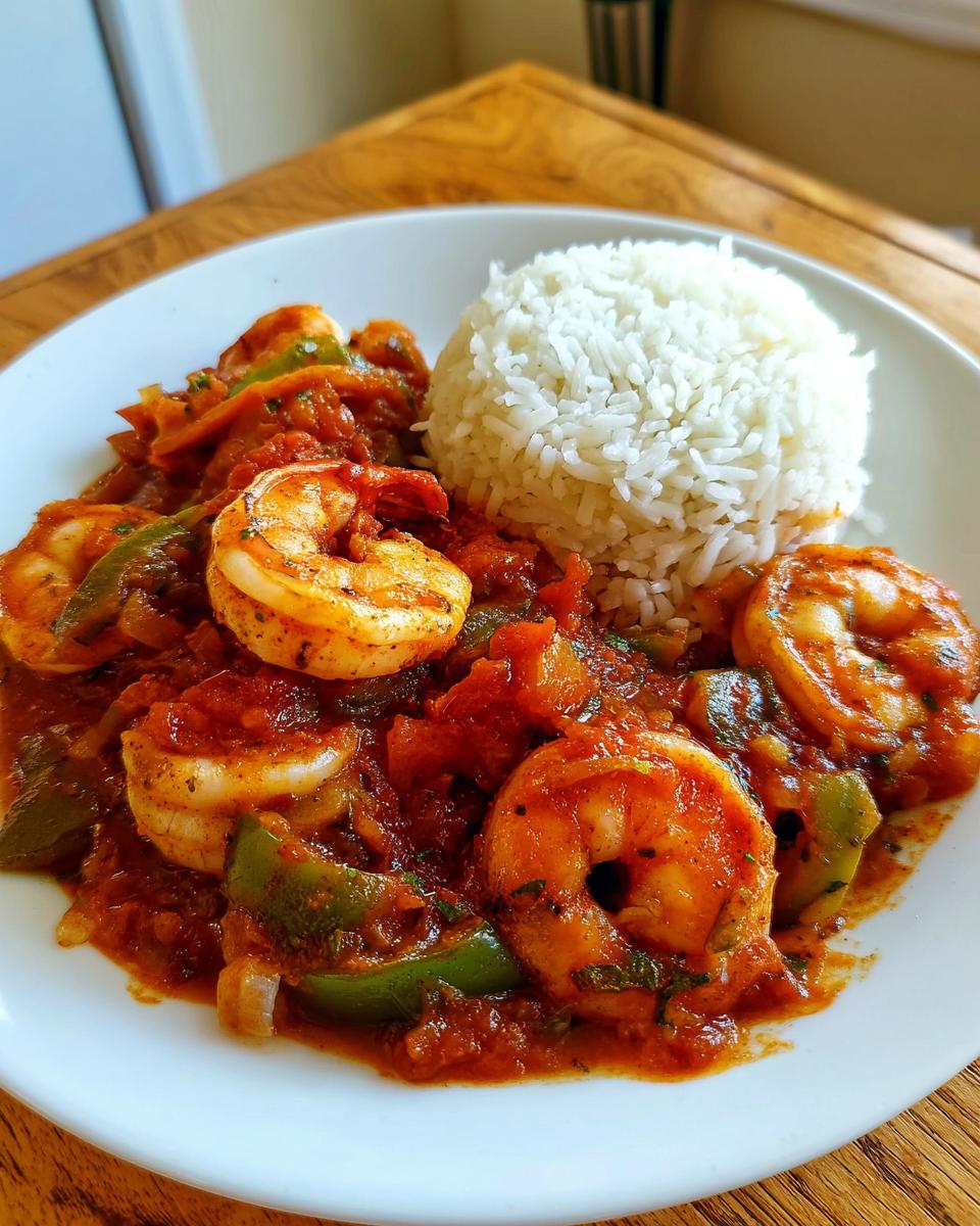 A serving of vibrant Shrimp Creole featuring large shrimp in a rich tomato sauce with green peppers, served alongside a mound of white rice.