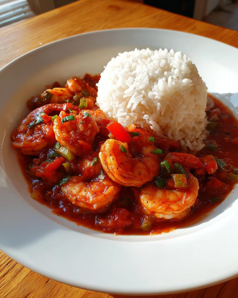 A bright, close-up photo of flavorful shrimp creole served in a white bowl next to a mound of fluffy white rice.