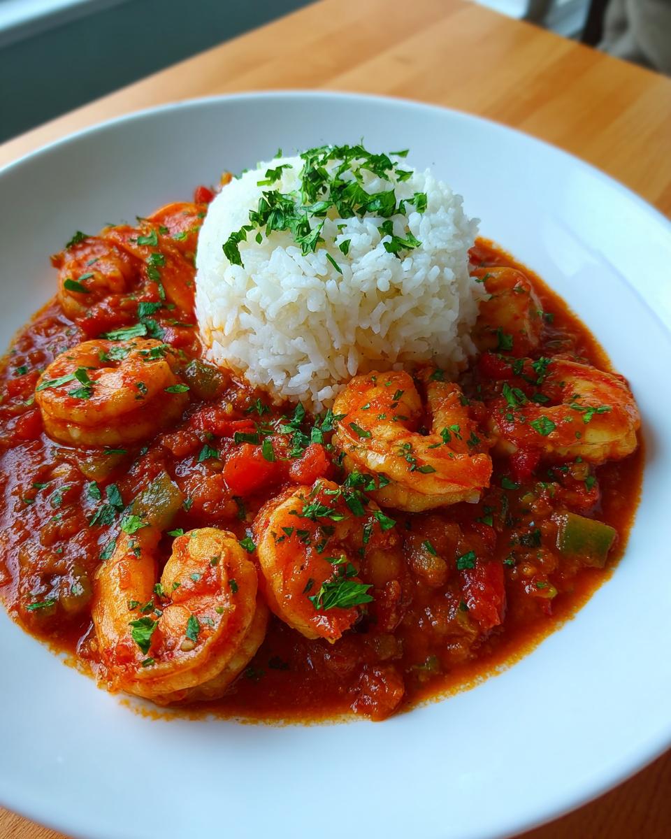 A white bowl filled with vibrant Shrimp Creole sauce, large shrimp, and a mound of white rice topped with parsley.