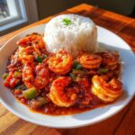 A close-up of flavorful shrimp creole in a rich red sauce with green peppers, served alongside a mound of white rice.