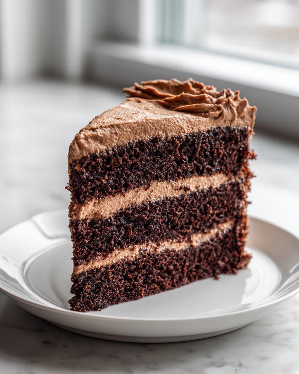 A tall slice of rich, dark chocolate cake with three layers and creamy chocolate frosting, ready to eat.