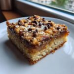 A close-up of a rich slice of knock you naked bars on a white plate, showing layers of crust, caramel, and toppings.