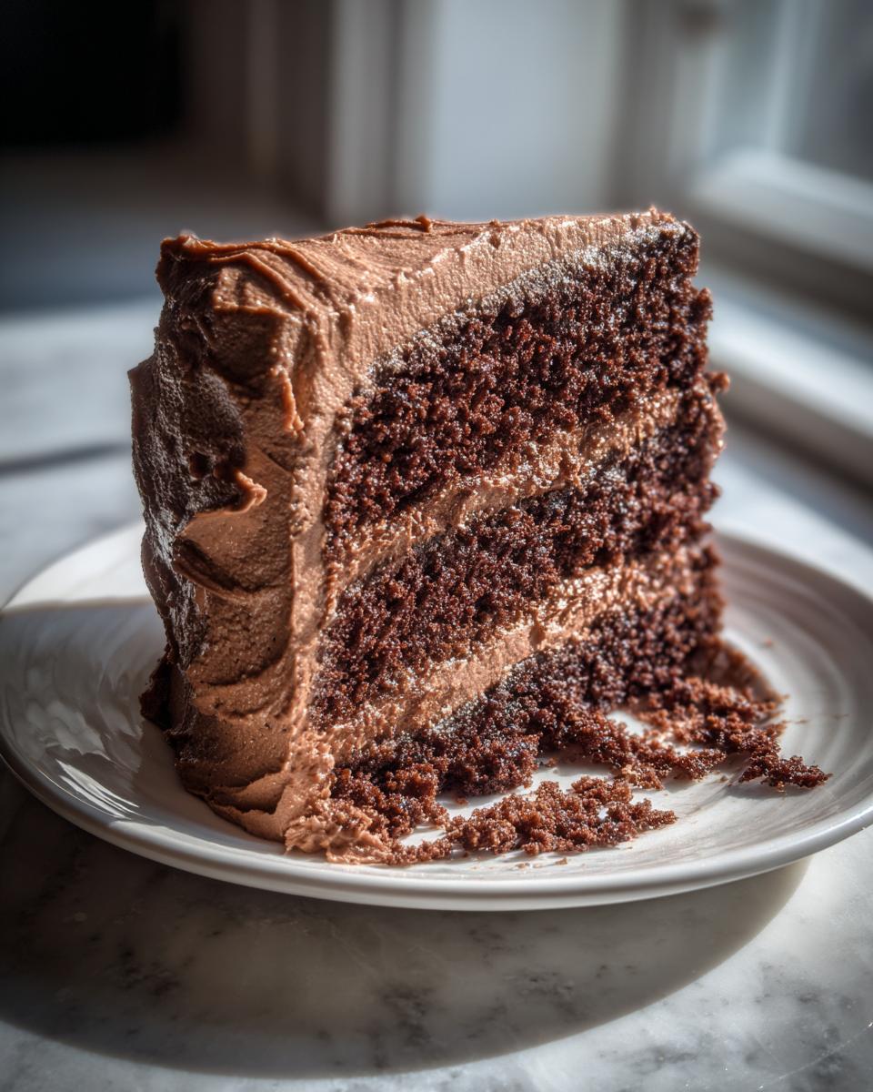A tall, moist slice of three-layer chocolate cake generously covered in chocolate frosting, sitting on a white plate.