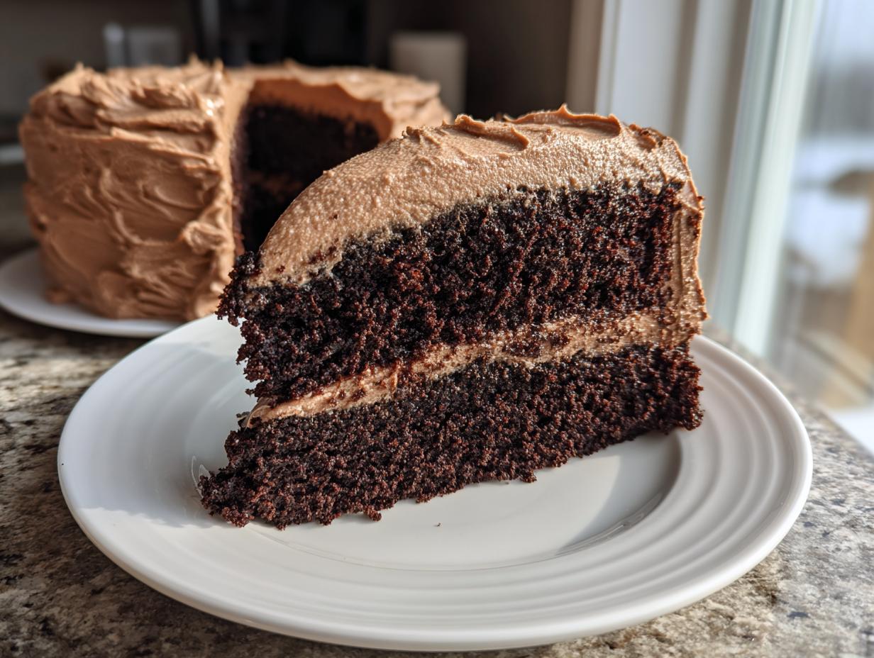 A close-up of a moist slice of two-layer chocolate cake with chocolate frosting, with the rest of the chocolate cake blurred in the background.