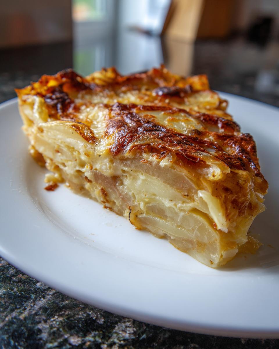 A thick, golden-brown slice of creamy scalloped potatoes served on a white plate.