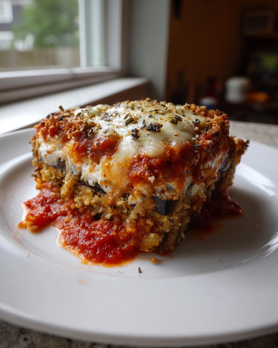 A close-up of a square serving of baked Eggplant Parmesan topped with melted mozzarella, marinara sauce, and herbs.