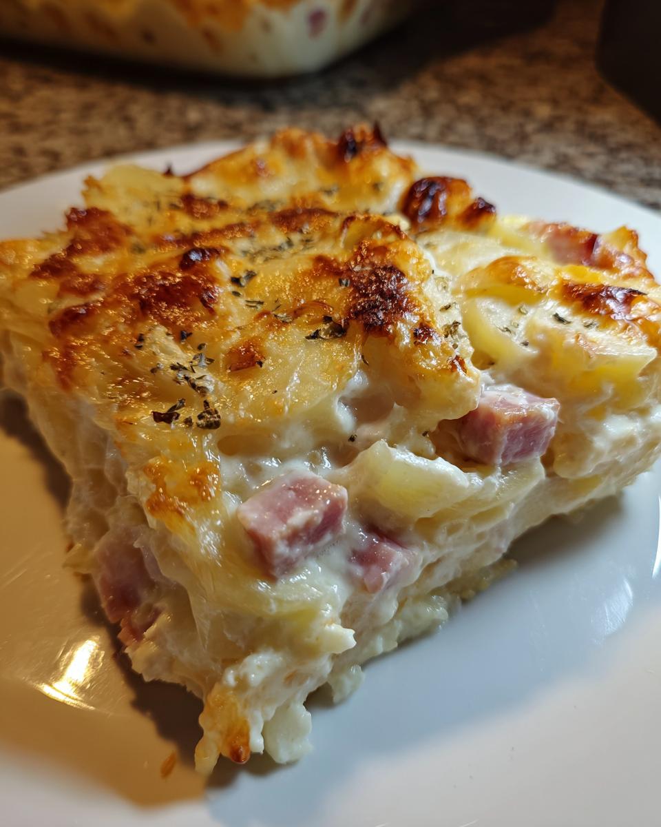 Close-up of a thick slice of cheesy Scalloped Potatoes and Ham, showing layers of potatoes and diced ham in a creamy sauce.