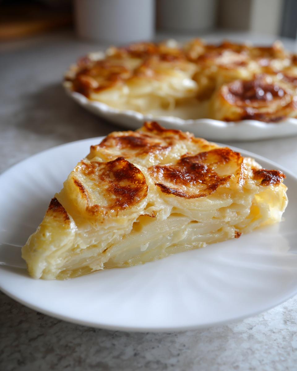 A perfect slice of creamy scalloped potatoes served on a white plate, showing layers of tender potatoes and a beautifully browned top.