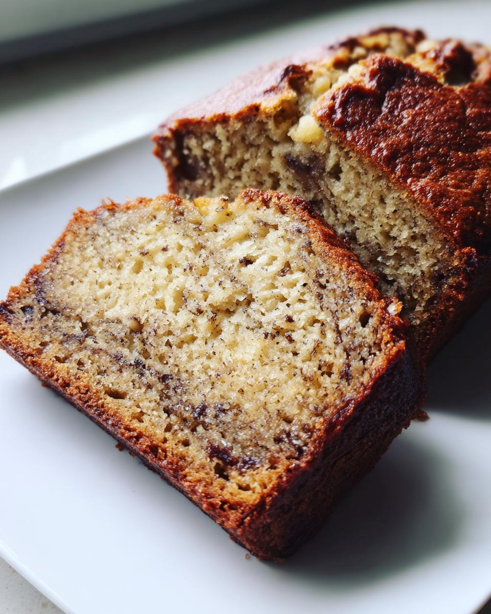 Close-up of two slices of moist sugar free banana bread on a white plate, showing the crumb texture.