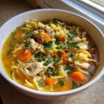 Close-up of a white bowl filled with rich broth, shredded chicken, egg noodles, carrots, and fresh parsley from the slow cooker chicken noodle soup.