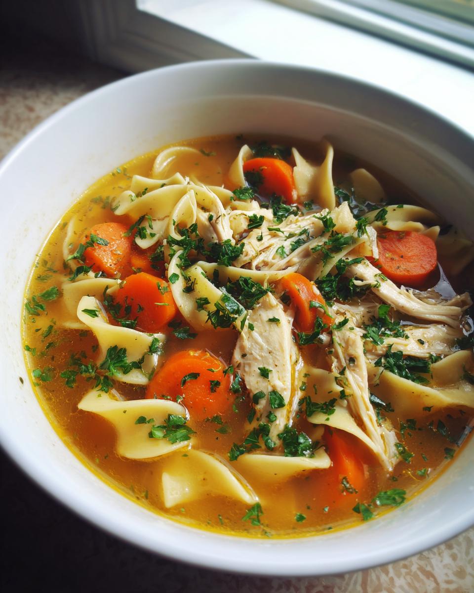Close-up of a white bowl filled with rich broth, shredded chicken, egg noodles, and sliced carrots in slow cooker chicken noodle soup.