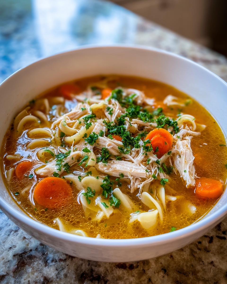 A close-up of a white bowl filled with rich broth, shredded chicken, egg noodles, and carrot slices from the slow cooker chicken noodle soup.
