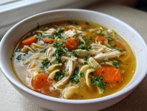 Close-up of a white bowl filled with rich broth, shredded chicken, carrots, and egg noodles from the slow cooker chicken noodle soup.