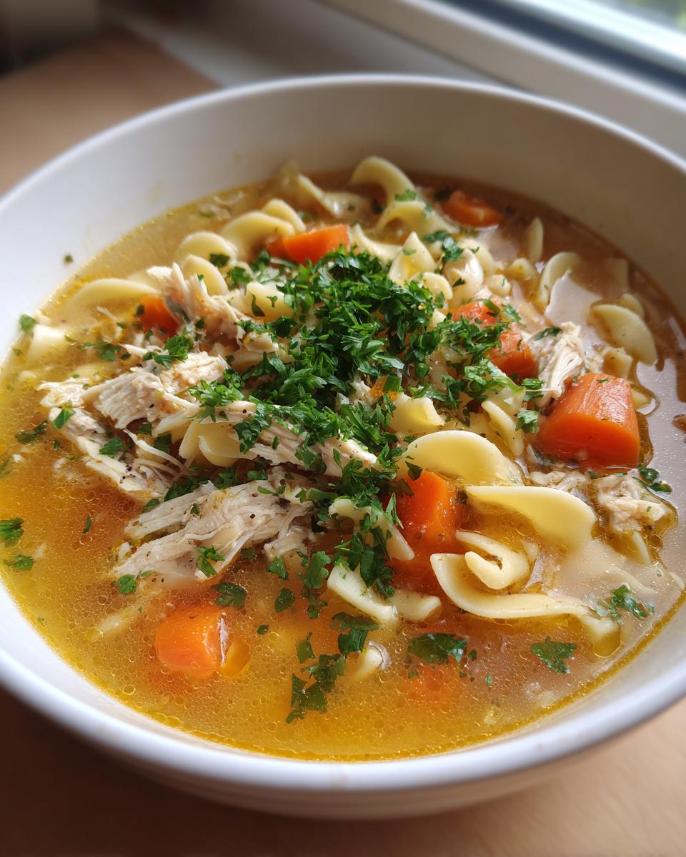 Close-up of a white bowl filled with rich broth, shredded chicken, egg noodles, and carrots in slow cooker chicken noodle soup, topped with fresh parsley.