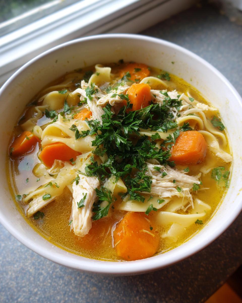 Close-up of a white bowl filled with rich broth, egg noodles, shredded chicken, and large carrot chunks from the slow cooker chicken noodle soup.