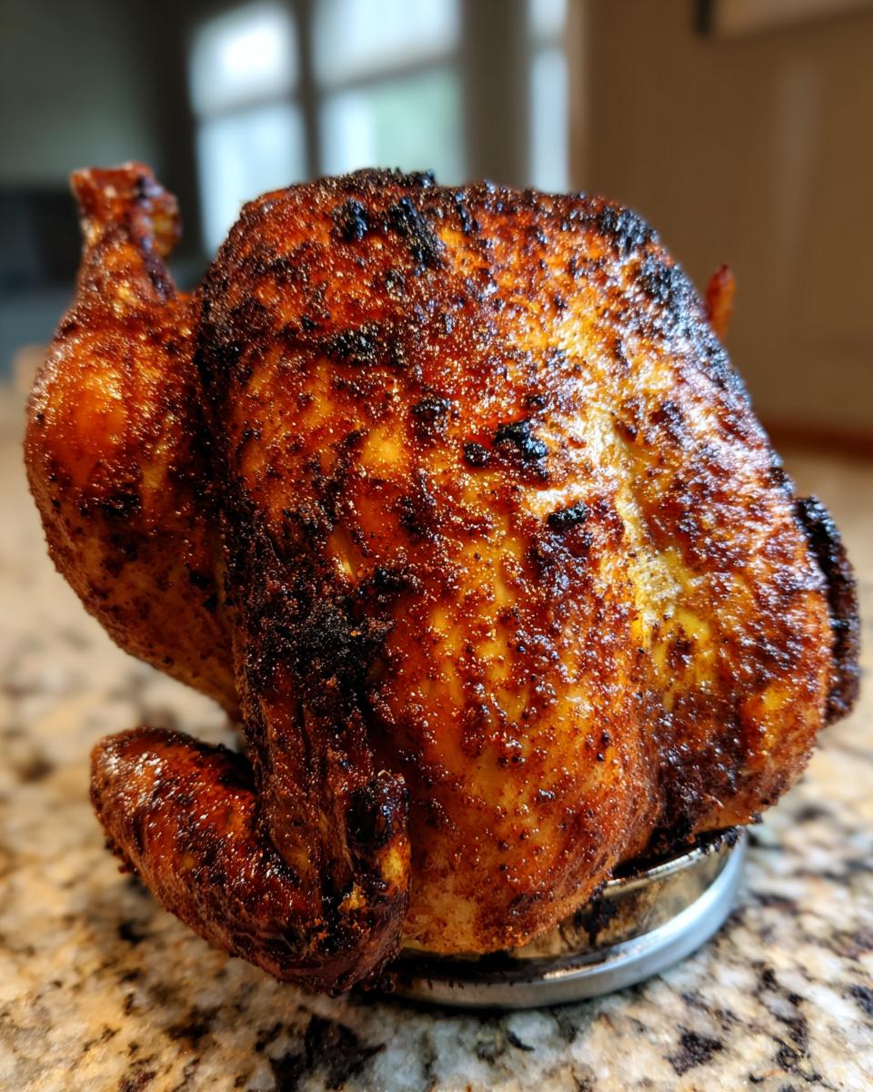 A whole, perfectly cooked smoked beer can chicken with dark, crispy, seasoned skin sitting upright on a can.