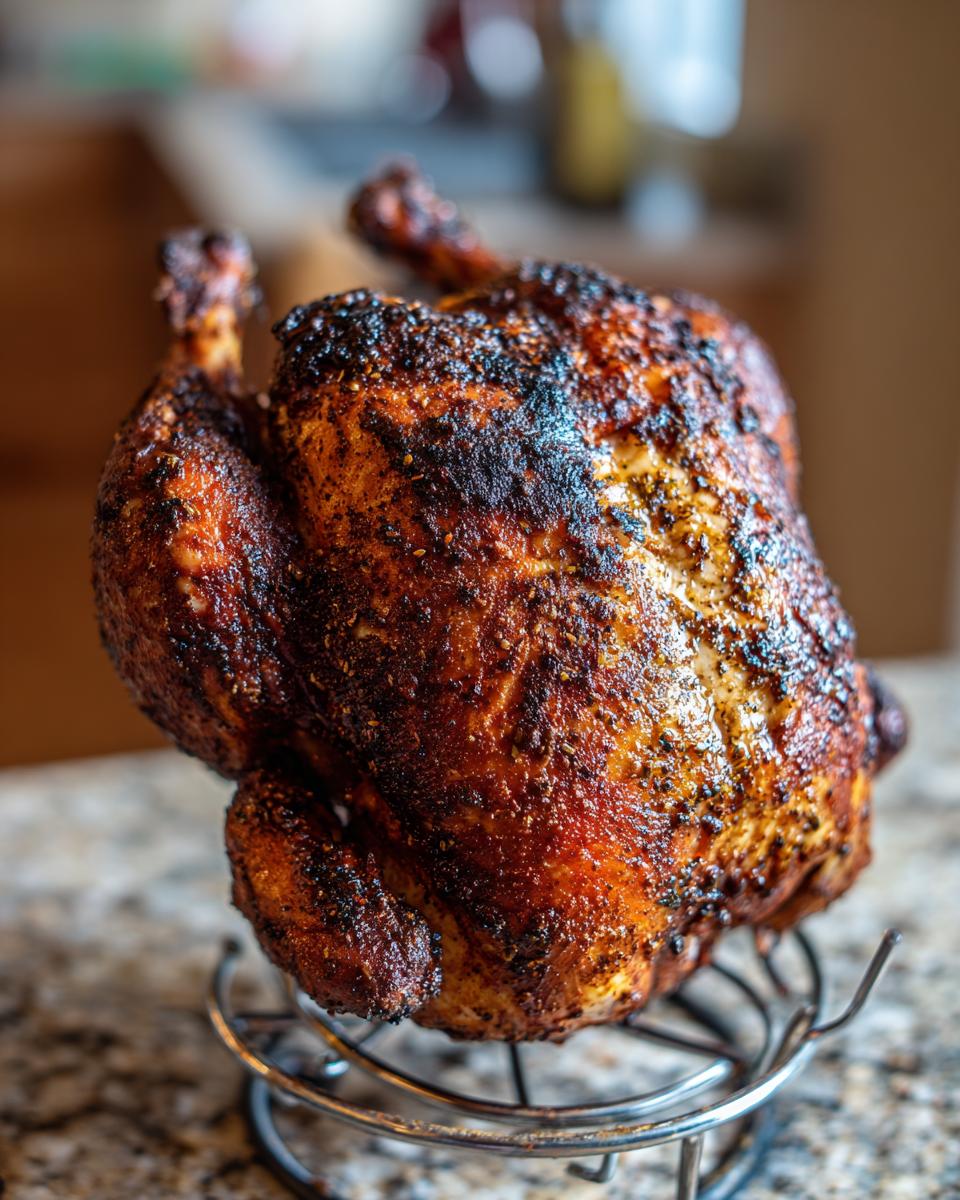 A whole, perfectly cooked smoked beer can chicken with dark, seasoned, crispy skin resting on a metal stand.
