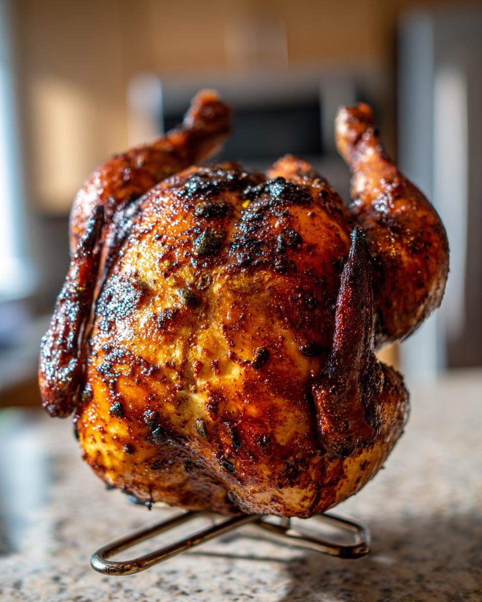 A whole, perfectly cooked smoked beer can chicken sitting upright on a metal stand with dark, crispy, seasoned skin.