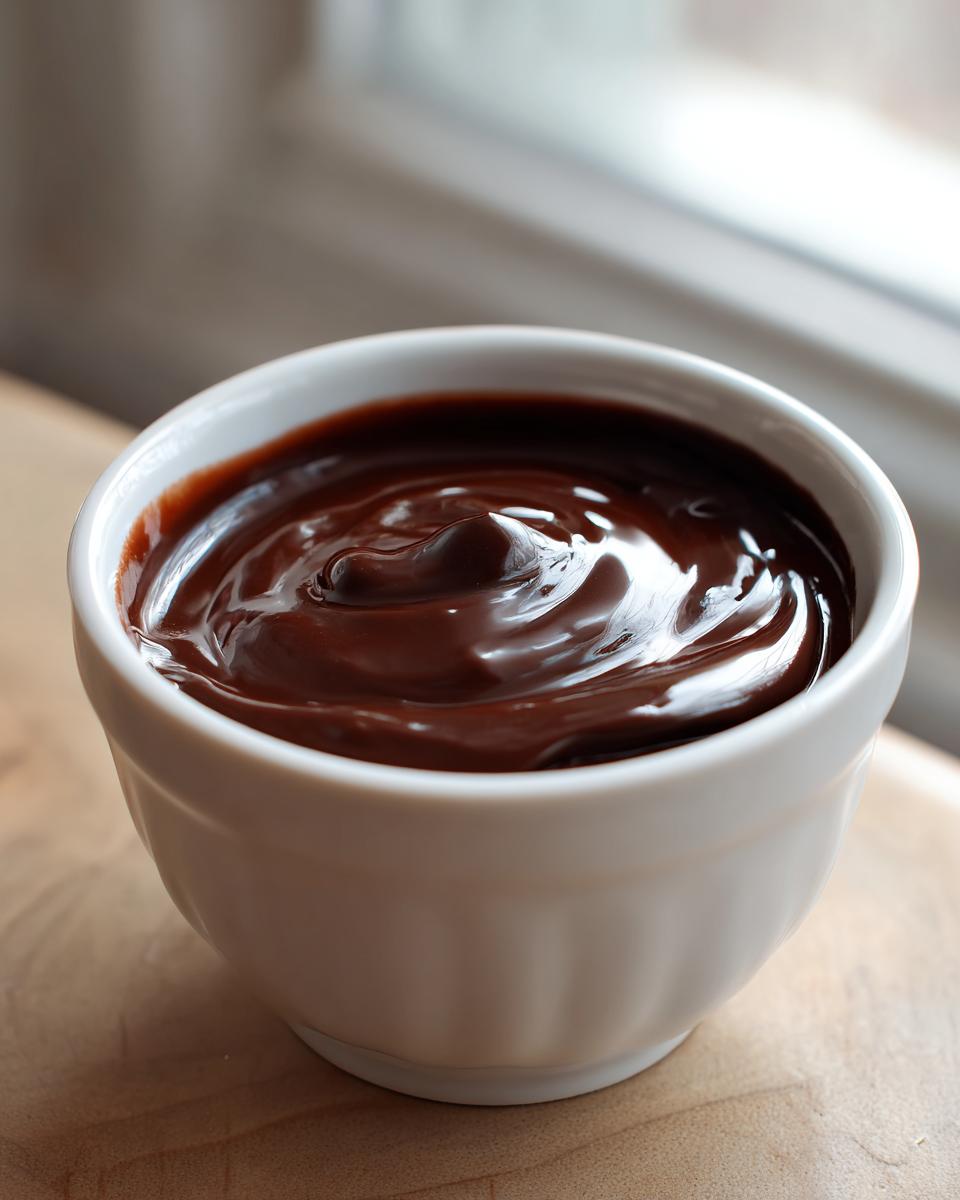 Close-up of rich, glossy chocolate fondue swirling in a small white ramekin on a wooden surface.