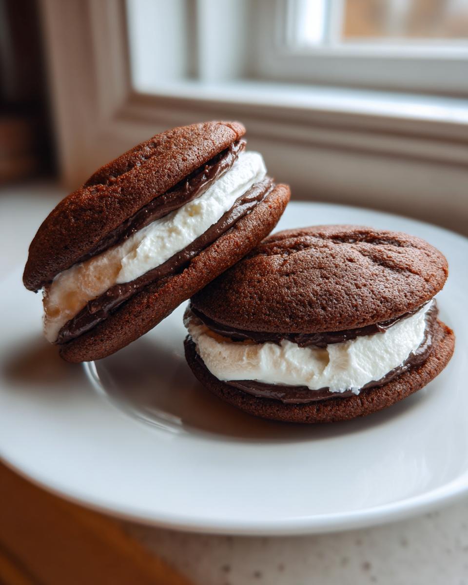 Two rich chocolate whoopie pies filled with thick white cream and dark chocolate frosting, resting on a white plate.