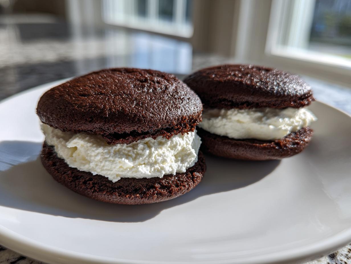 Two homemade chocolate whoopie pies filled generously with fluffy white cream frosting, sitting on a white plate.