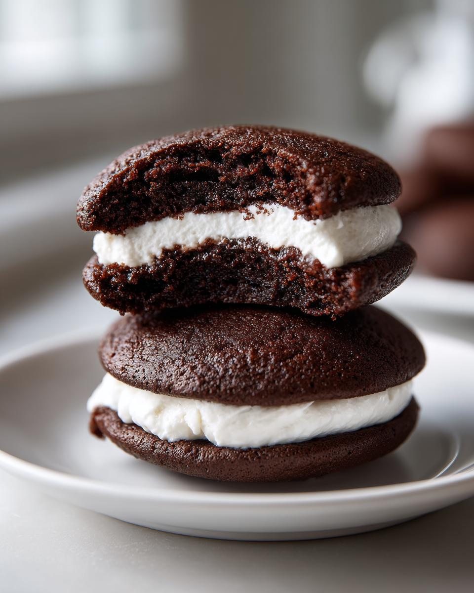 Two stacked chocolate whoopie pies with thick white cream filling, one bitten into, showing soft cake texture.