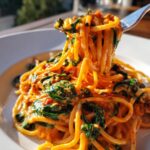 A fork lifting a generous twirl of spaghetti & spinach with sun-dried tomato cream sauce from a white plate.