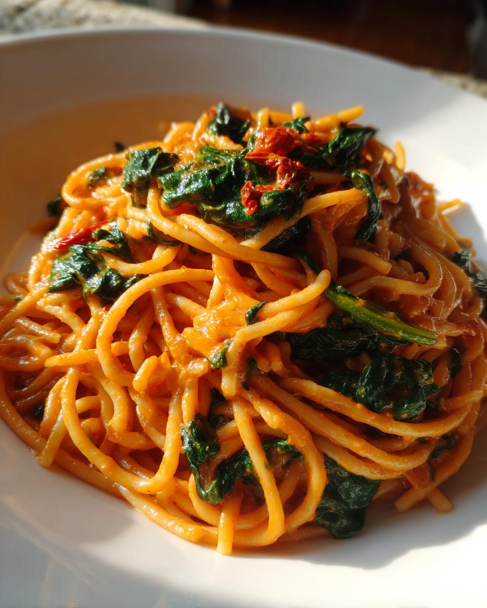 A close-up serving of spaghetti & spinach with sun-dried tomato cream sauce, coated in a rich orange sauce.