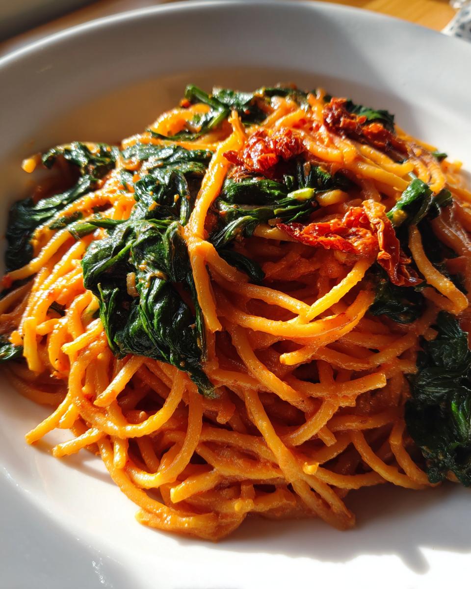 Close-up of spaghetti & spinach with sun-dried tomato cream sauce coating the pasta strands.