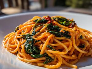 Close-up of perfectly coated spaghetti & spinach with sun-dried tomato cream sauce served on a white plate.