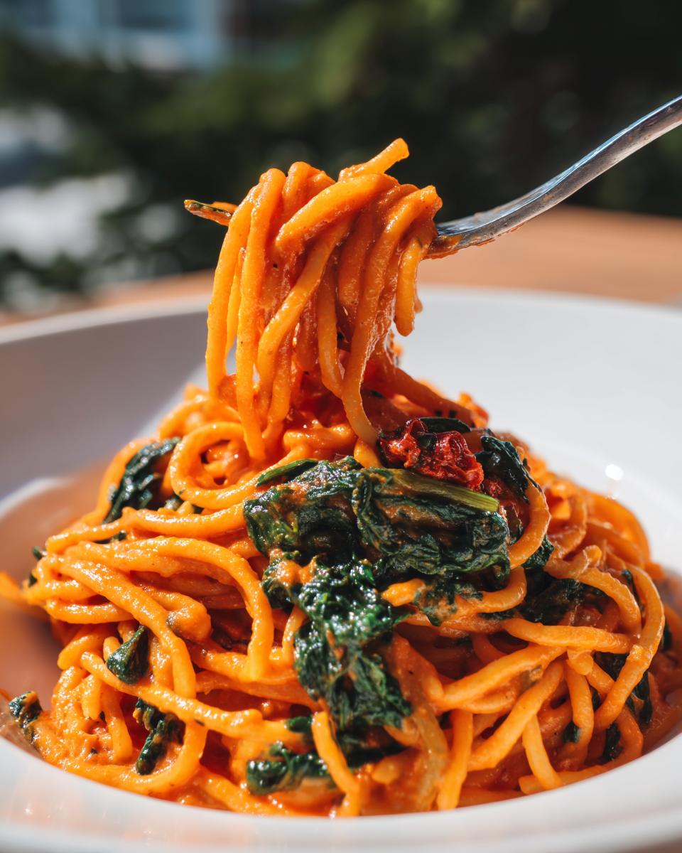 Close-up of spaghetti & spinach with sun-dried tomato cream sauce being lifted from a white bowl by a fork.