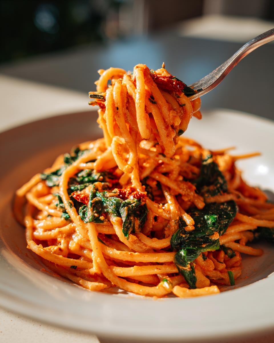 A fork lifting a twirl of spaghetti & spinach with sun-dried tomato cream sauce from a white plate.