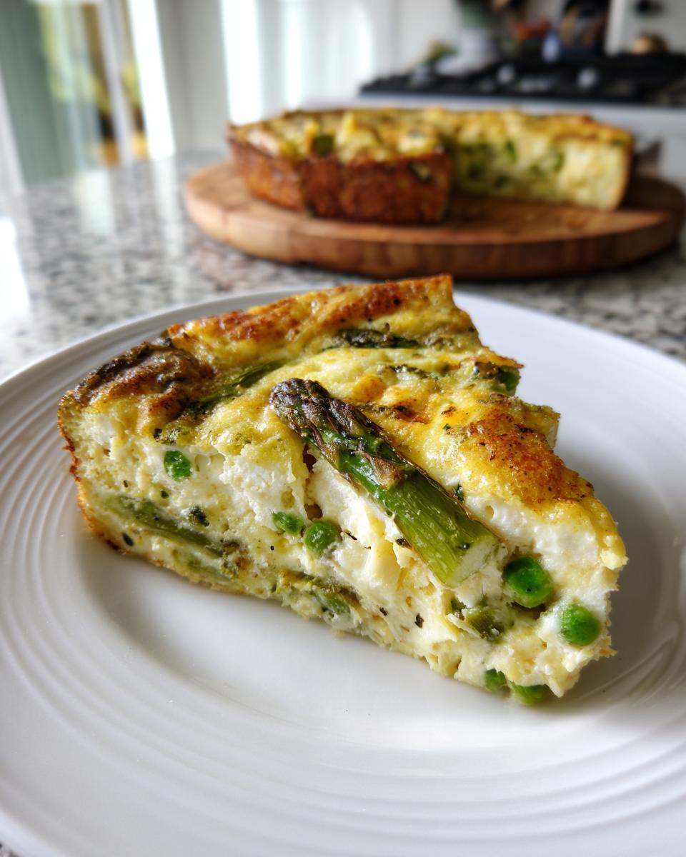 A close-up slice of Spring Vegetable Casserole featuring asparagus spears and green peas in a creamy egg base.