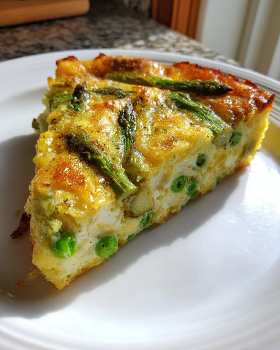 A golden-brown slice of Spring Vegetable Casserole featuring visible asparagus spears and bright green peas.