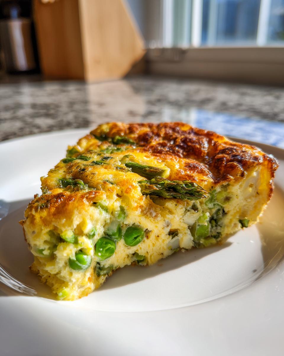 A close-up slice of a golden-brown Spring Vegetable Casserole filled with bright green peas and asparagus spears.