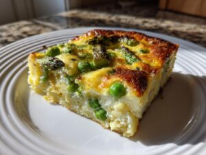 A square slice of baked Spring Vegetable Casserole featuring bright green peas and asparagus baked into a golden, cheesy egg base.