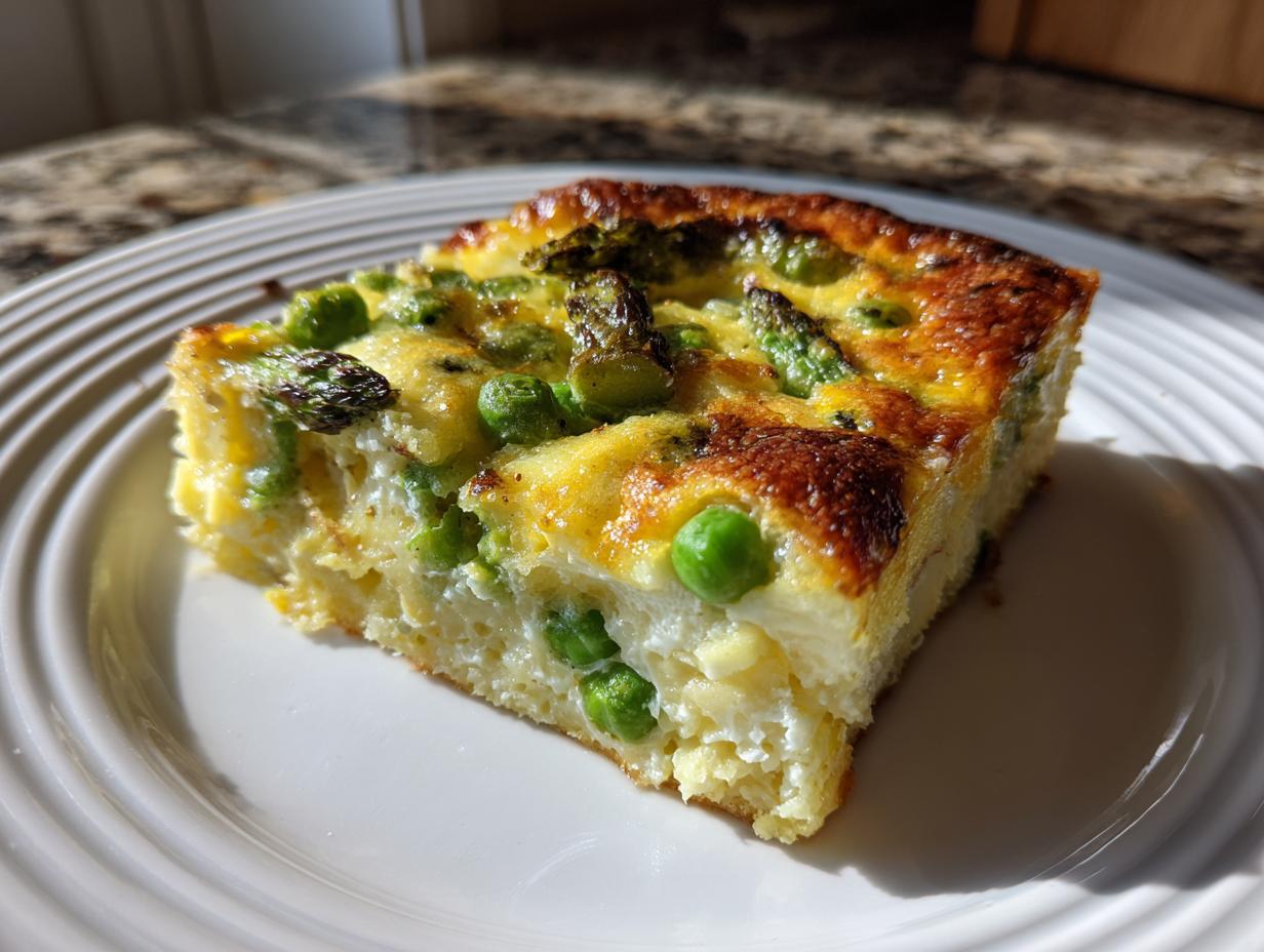 A square slice of baked Spring Vegetable Casserole featuring bright green peas and asparagus baked into a golden, cheesy egg base.