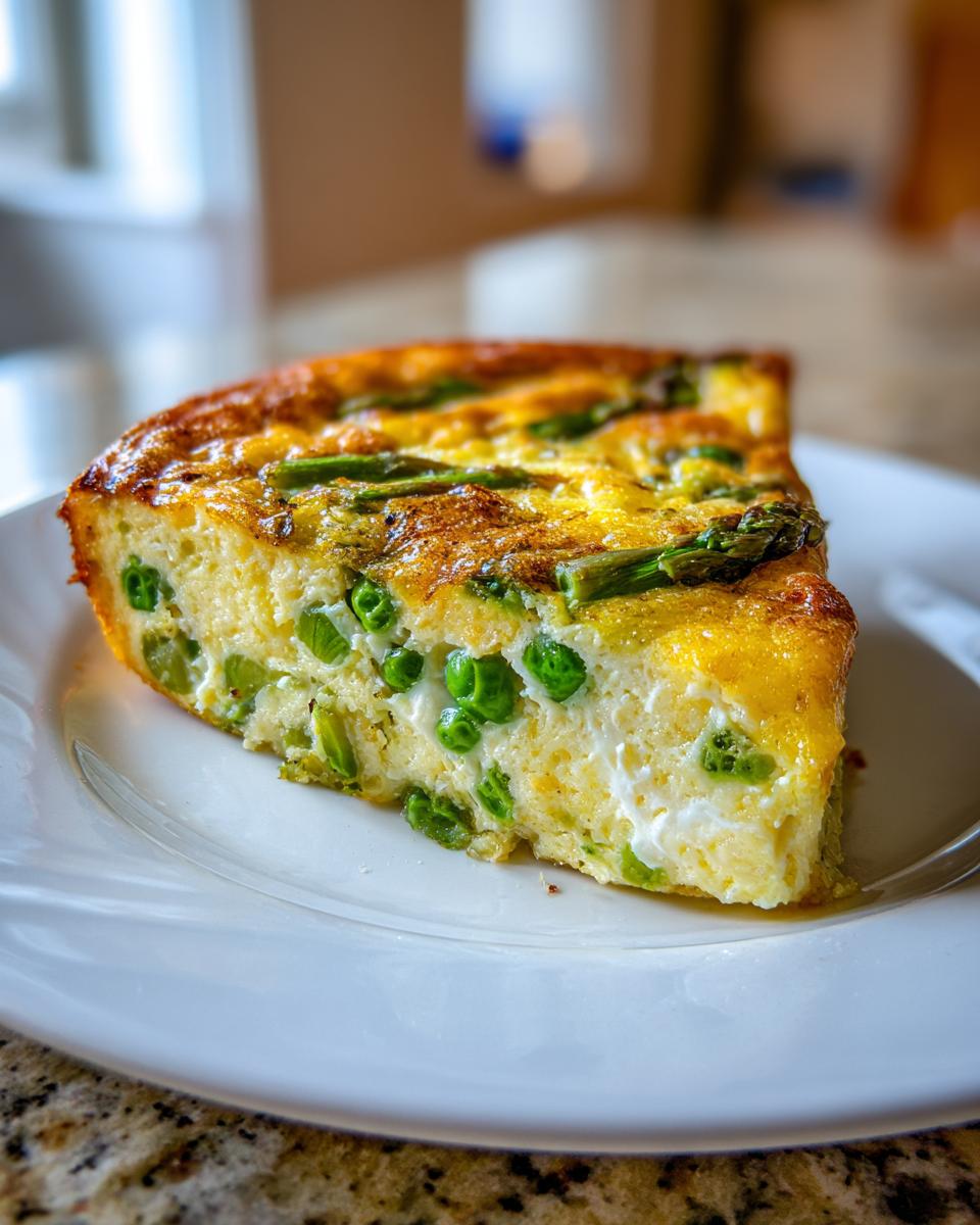 A close-up slice of baked Spring Vegetable Casserole featuring bright green peas and asparagus baked into a fluffy egg base.