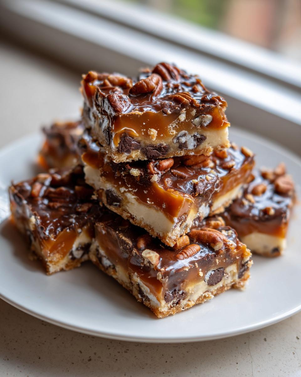 A stack of rich, layered knock you naked bars topped with gooey caramel, chocolate, and pecans on a white plate.